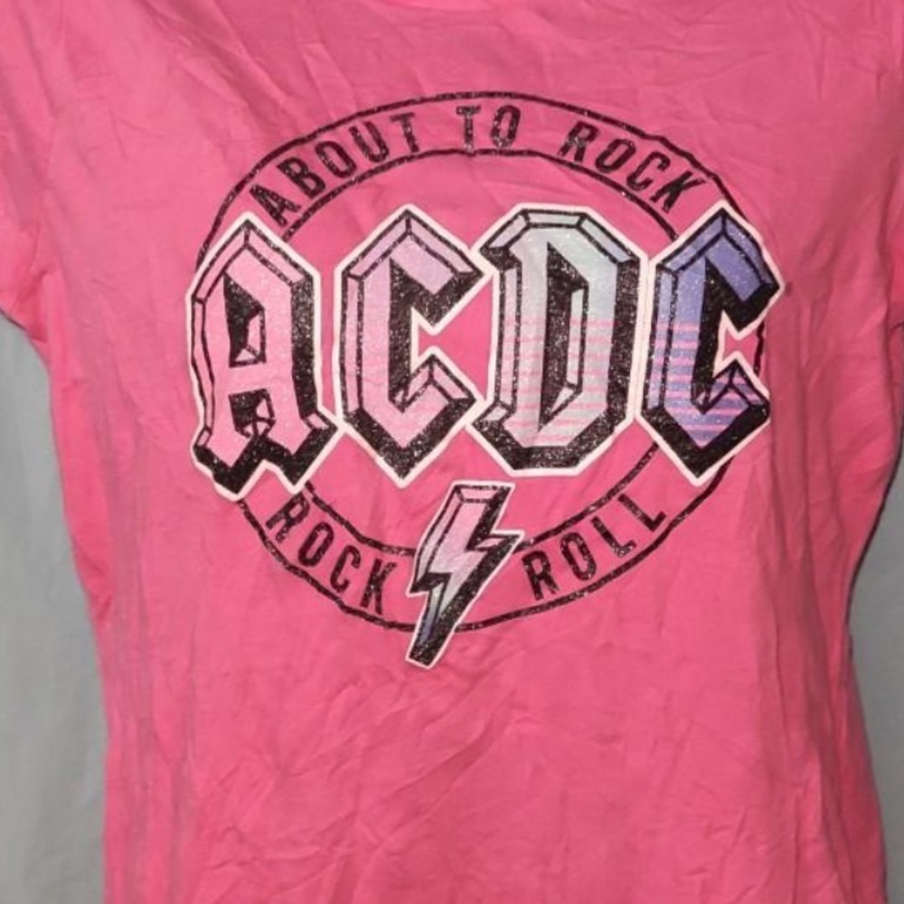 Y2K AC/DC OMBRE PINK BLUE CROP TOP GLITTER ROCK ROLL BABY TEE T-SHIRT SHIRT - Picture 4 of 4